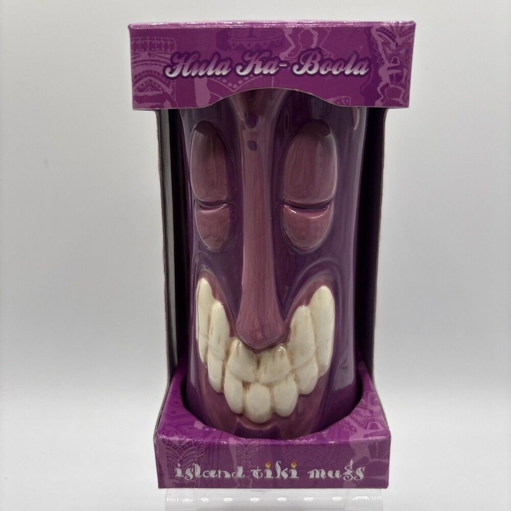 Purple Tiki Mug Hula Ka Boola with big teeth 6 inches tall